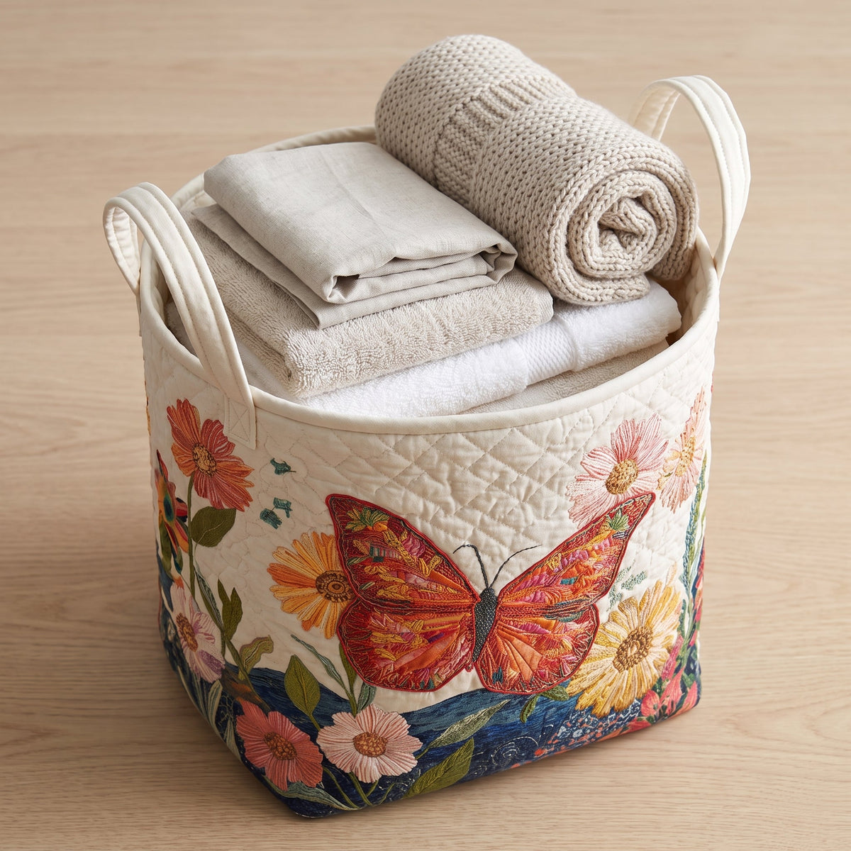 Quilted Laundry Basket - Colorful Beauty — filled with folded towels and laundry