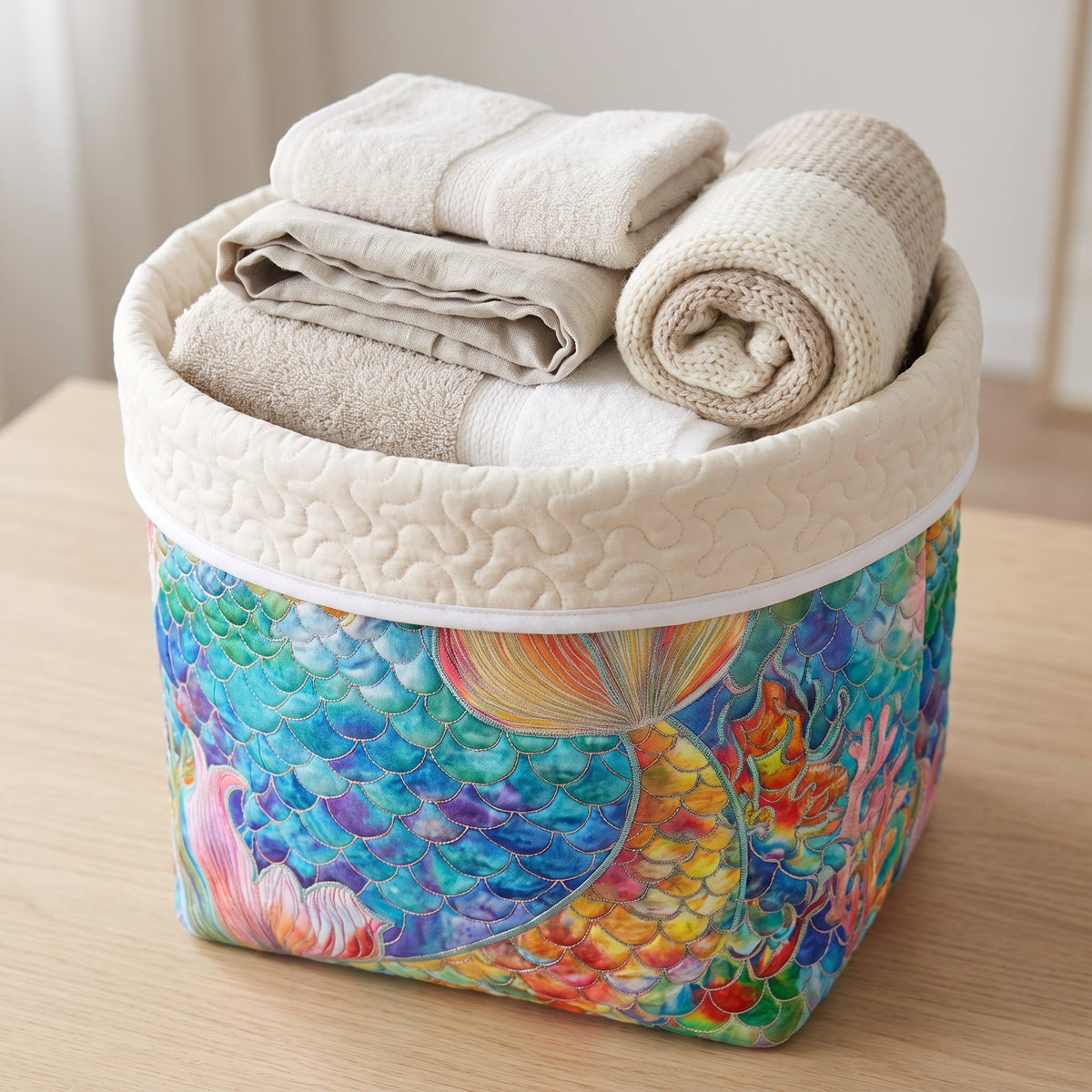 Quilted Laundry Basket - Marine Sparkle — filled with folded towels and laundry