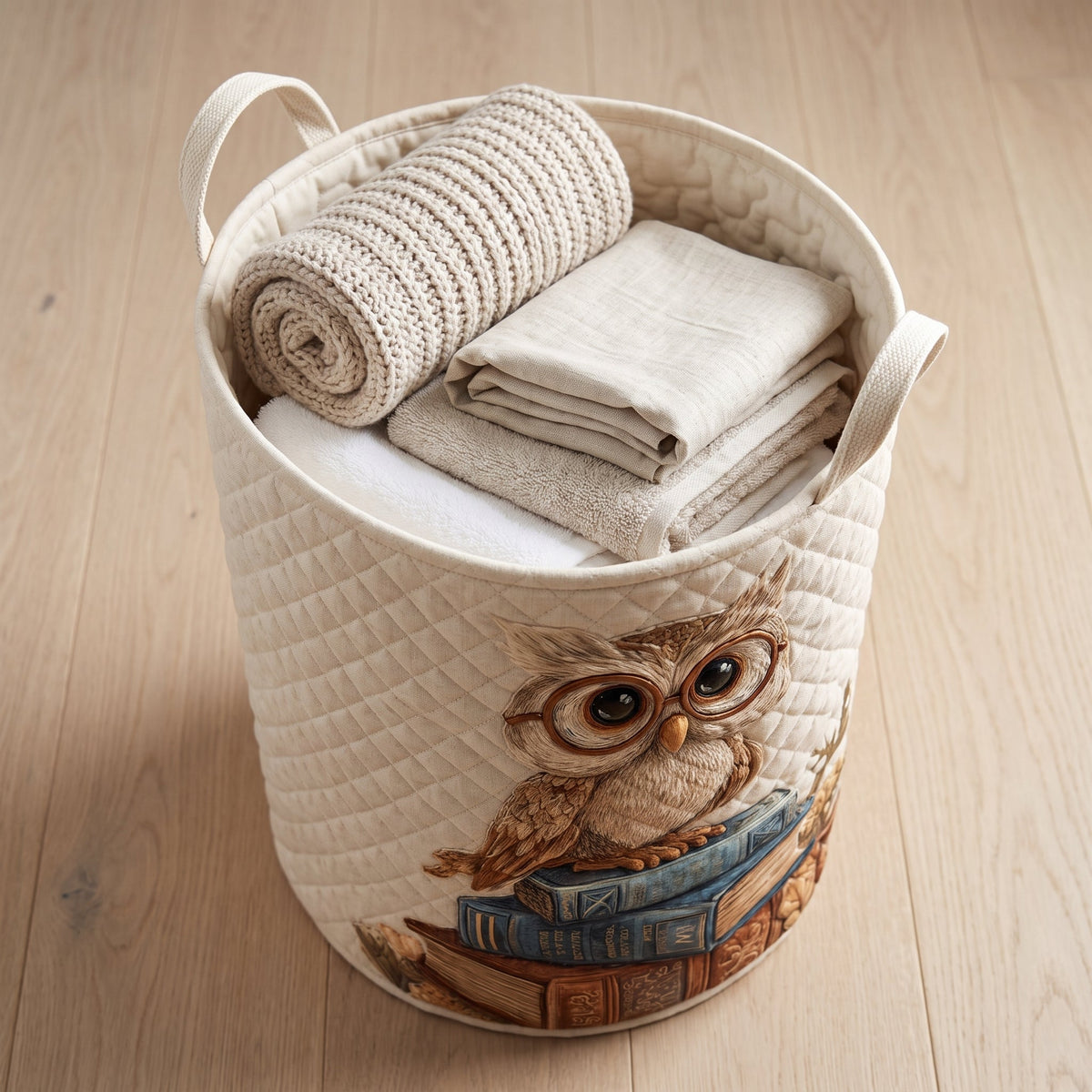 Quilted Laundry Basket - Owl — filled with folded towels and laundry
