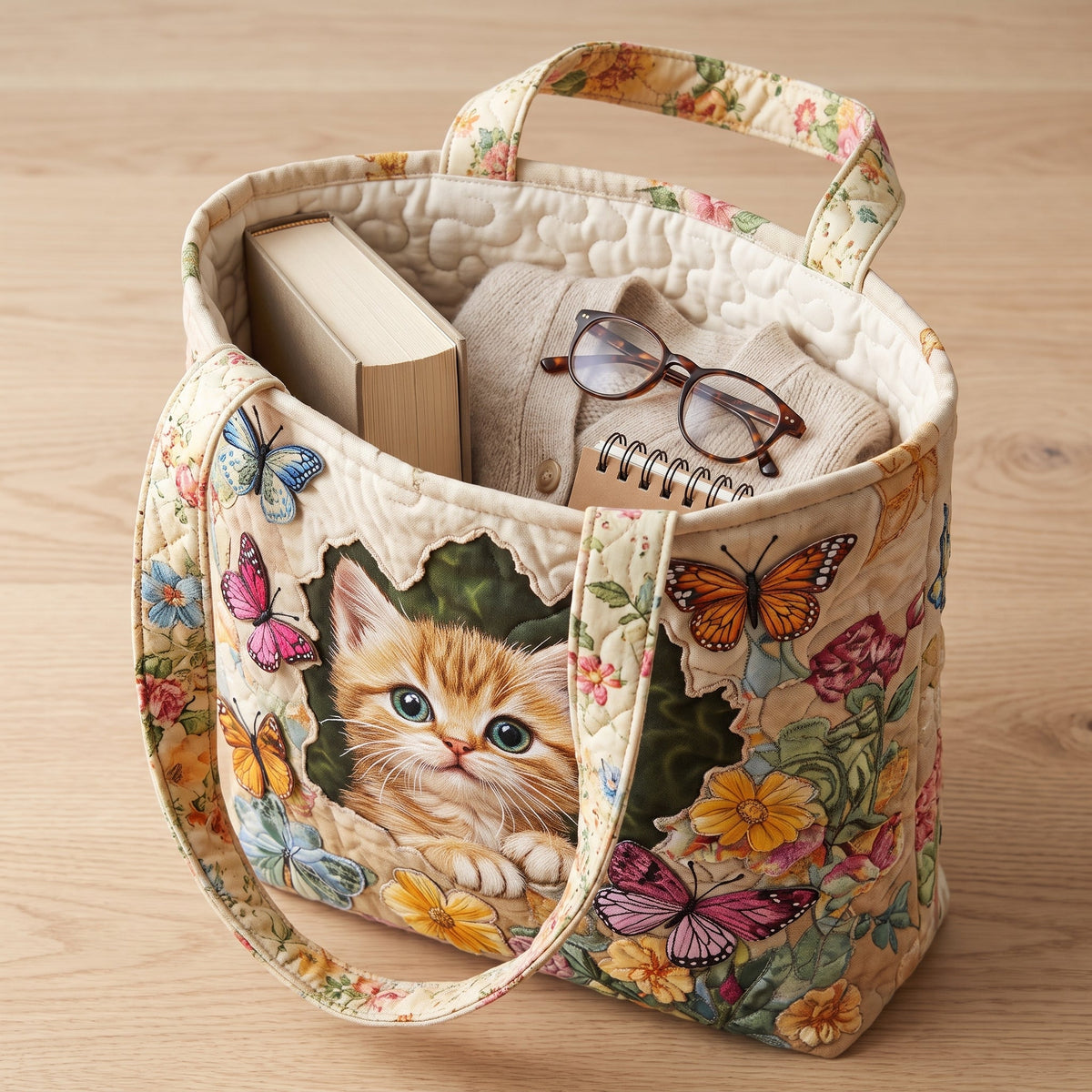 Butterfly Cat Quilted Tote Bag — packed with a hardback book, a folded cardigan and reading glasses