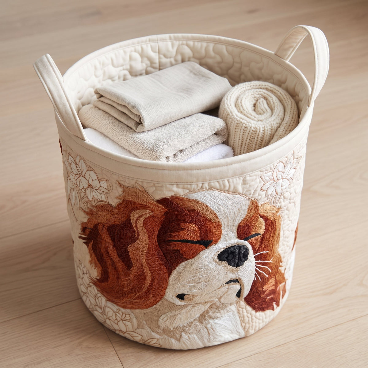 Quilted Laundry Basket - Cavalier King Charles — filled with folded towels and laundry