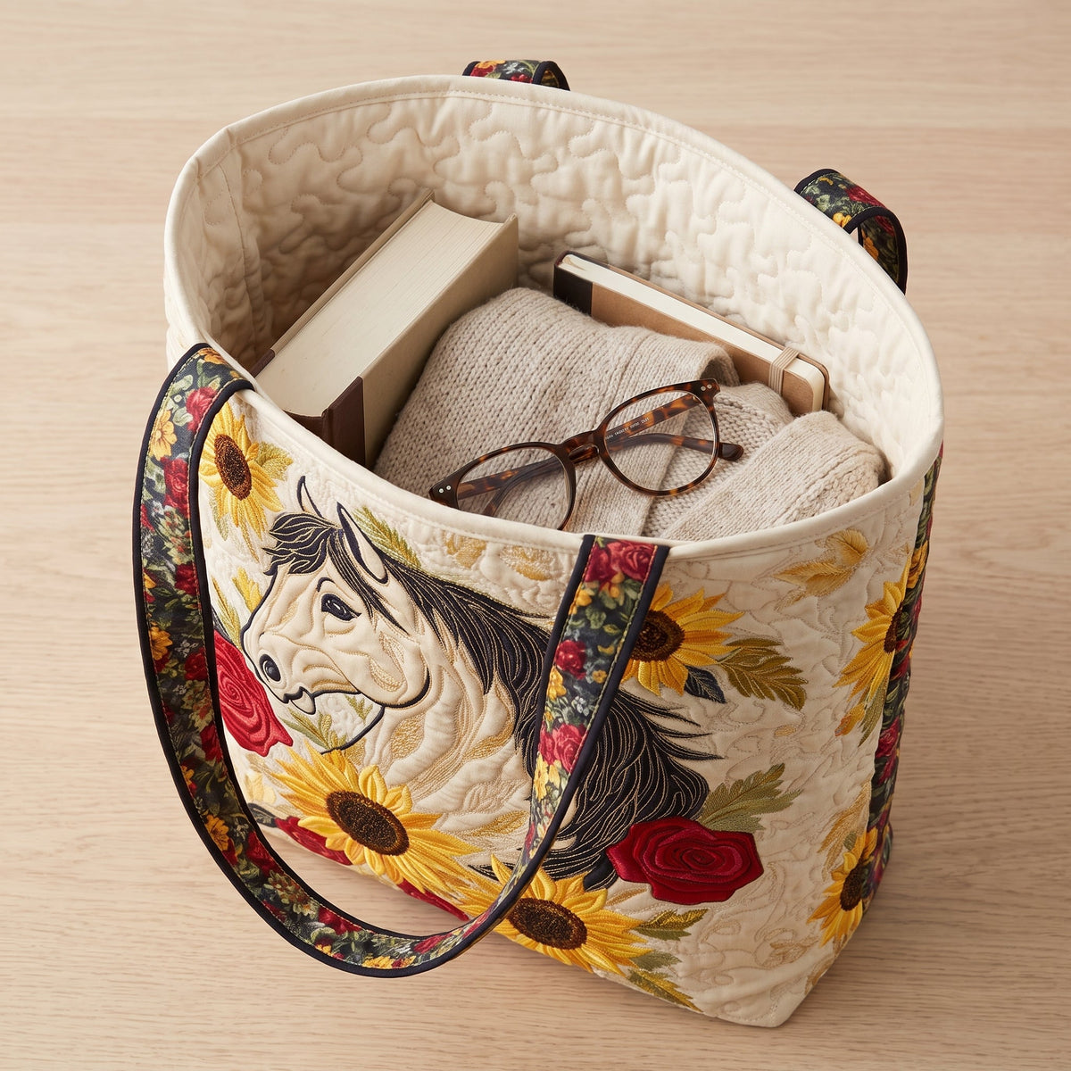 Wild Horse Quilted Tote Bag — packed with a hardback book, a folded cardigan and reading glasses