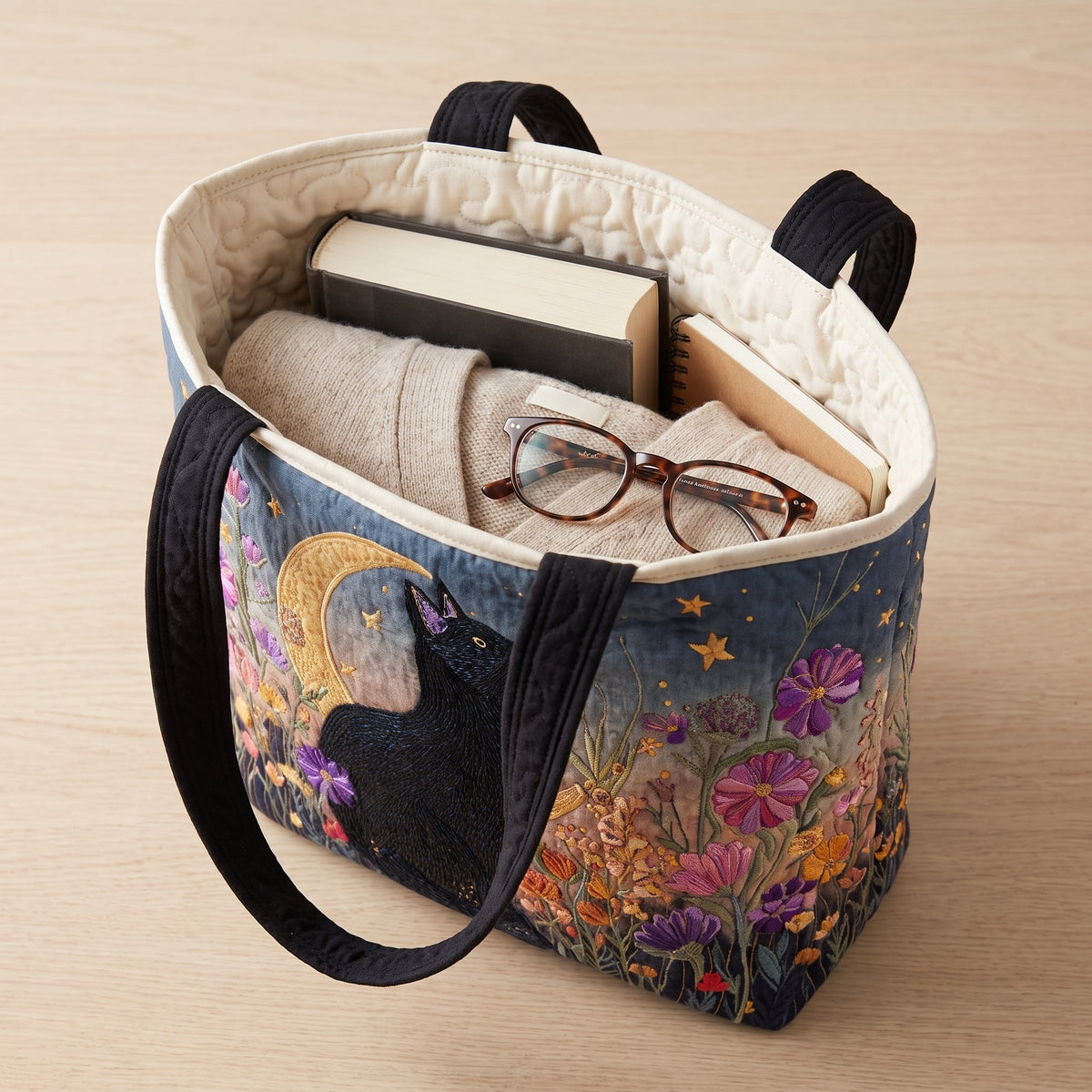 Blossom Night Cat Quilted Tote Bag — packed with a hardback book, a folded cardigan and reading glasses