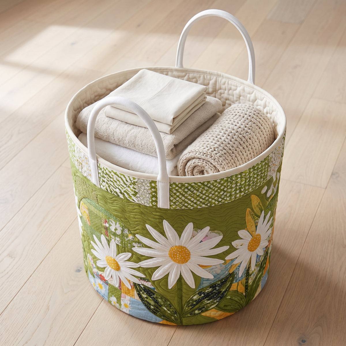 Quilted Laundry Basket - Sunny Stems — filled with folded towels and laundry