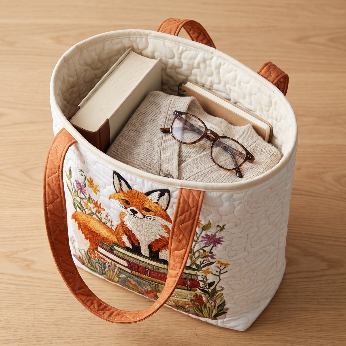 Bookish Fox Quilted Tote Bag — packed with a hardback book, a folded cardigan and reading glasses