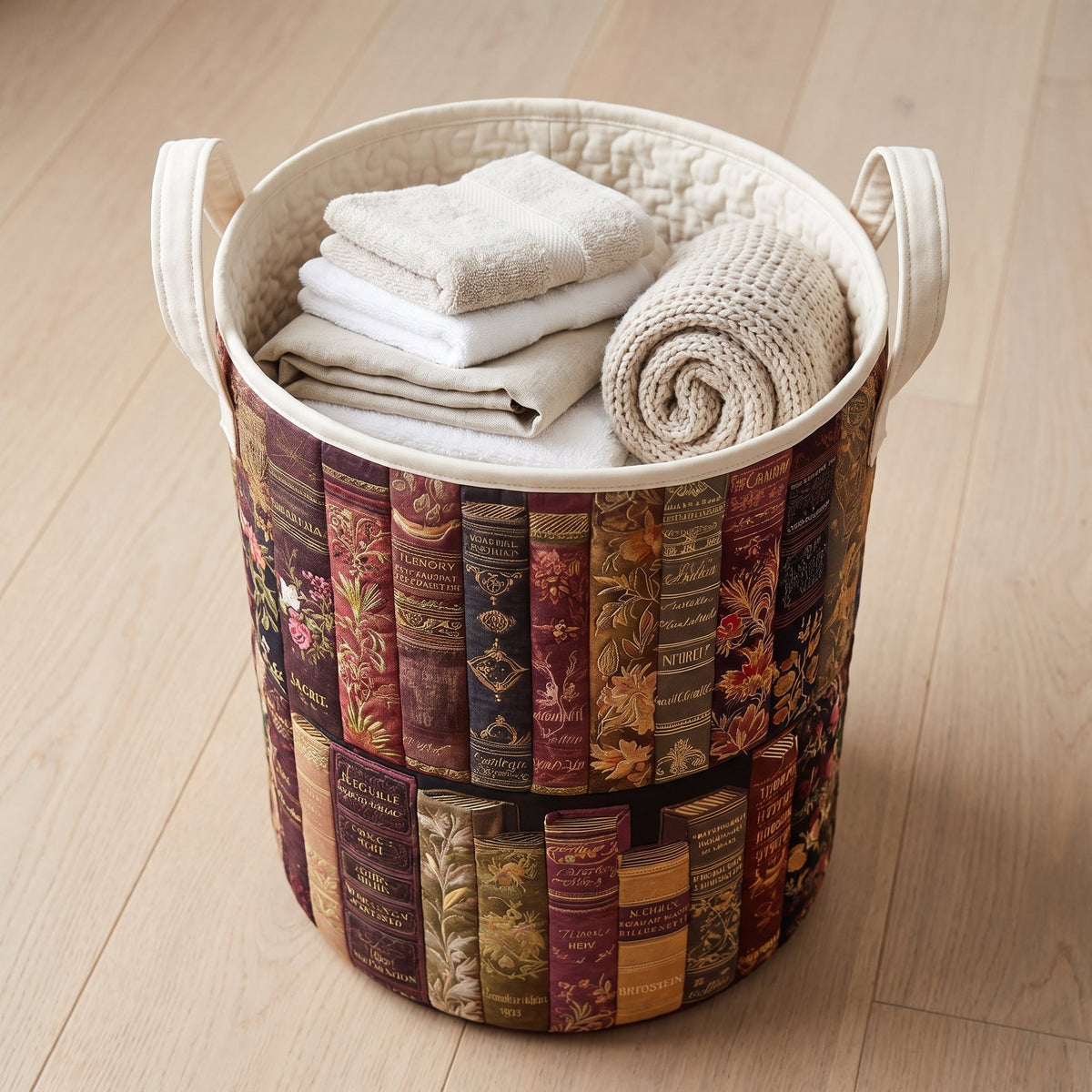 Quilted Laundry Basket - Literary Spirit — filled with folded towels and laundry