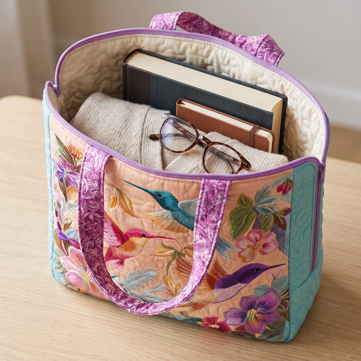 Hummingbird Flower Quilted Tote Bag — packed with a hardback book, a folded cardigan and reading glasses