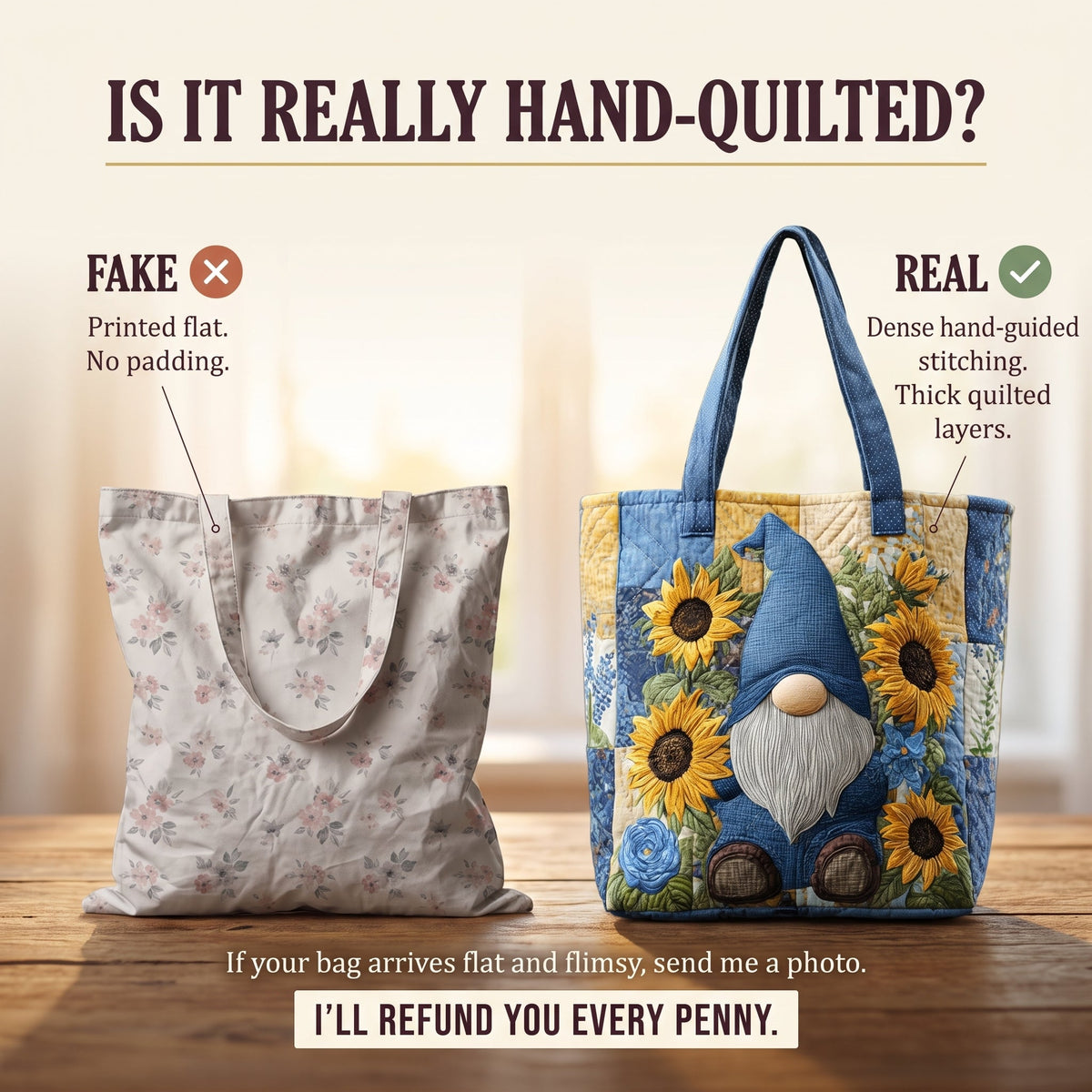 Sunflower Gnome Quilted Tote Bag — hand-quilted authenticity check