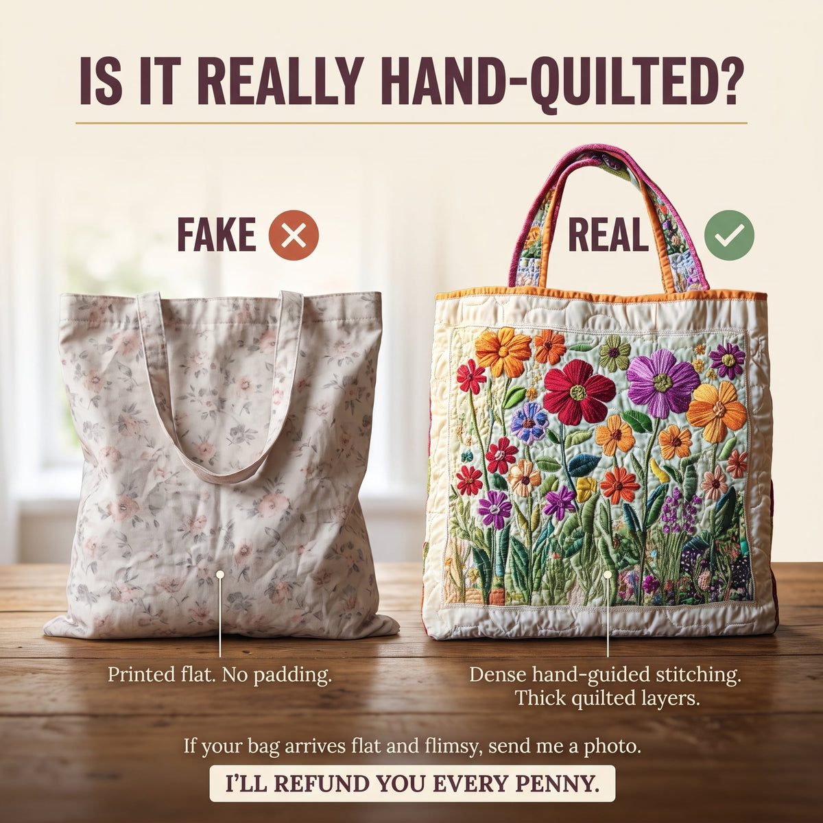 Blooming Garden Quilted Tote Bag — hand-quilted authenticity check