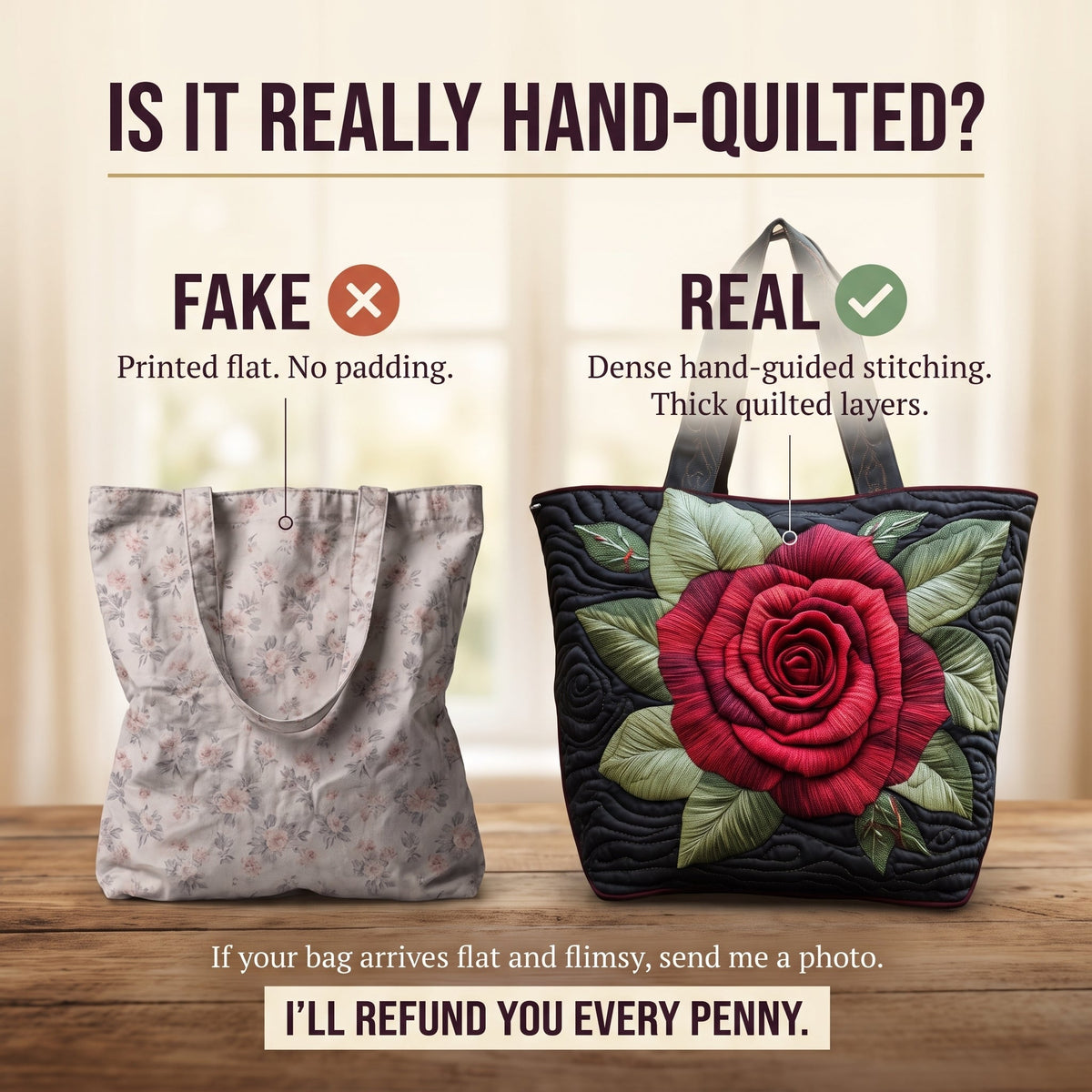 Elegant Rose Quilted Tote Bag — hand-quilted authenticity check