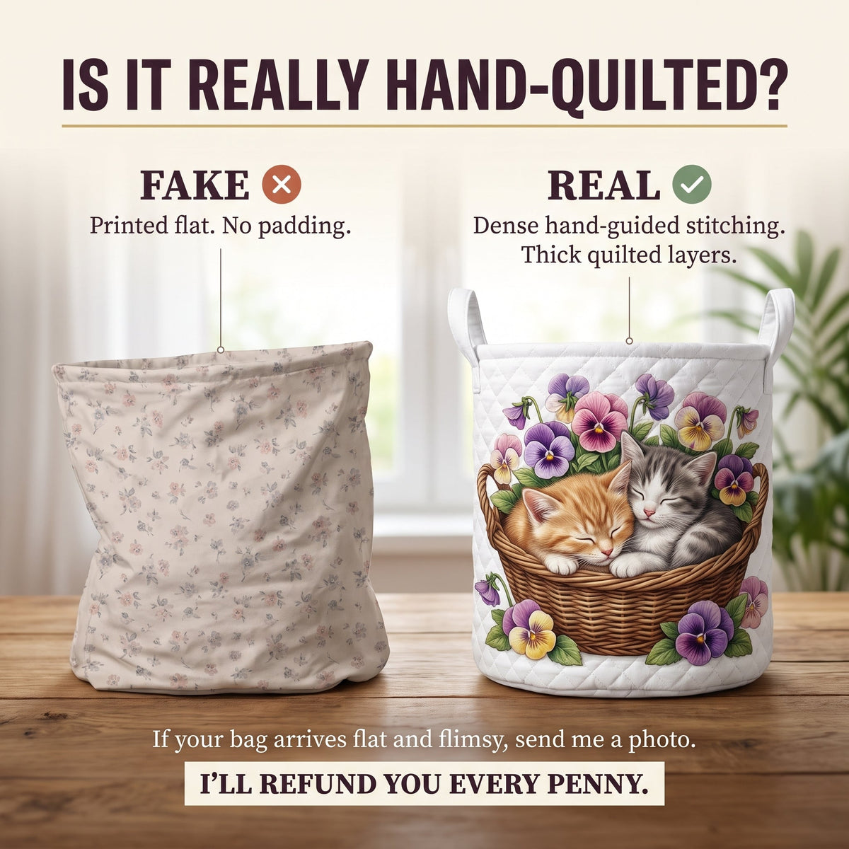 Quilted Laundry Basket - Feline Chaos — hand-quilted authenticity check