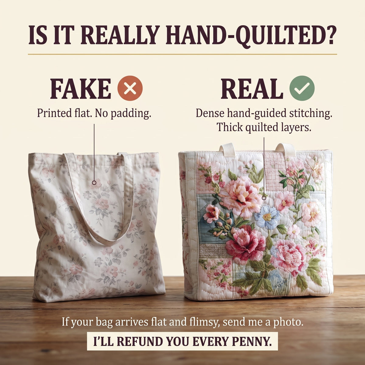 Blooming Flower Quilted Tote Bag — hand-quilted authenticity check
