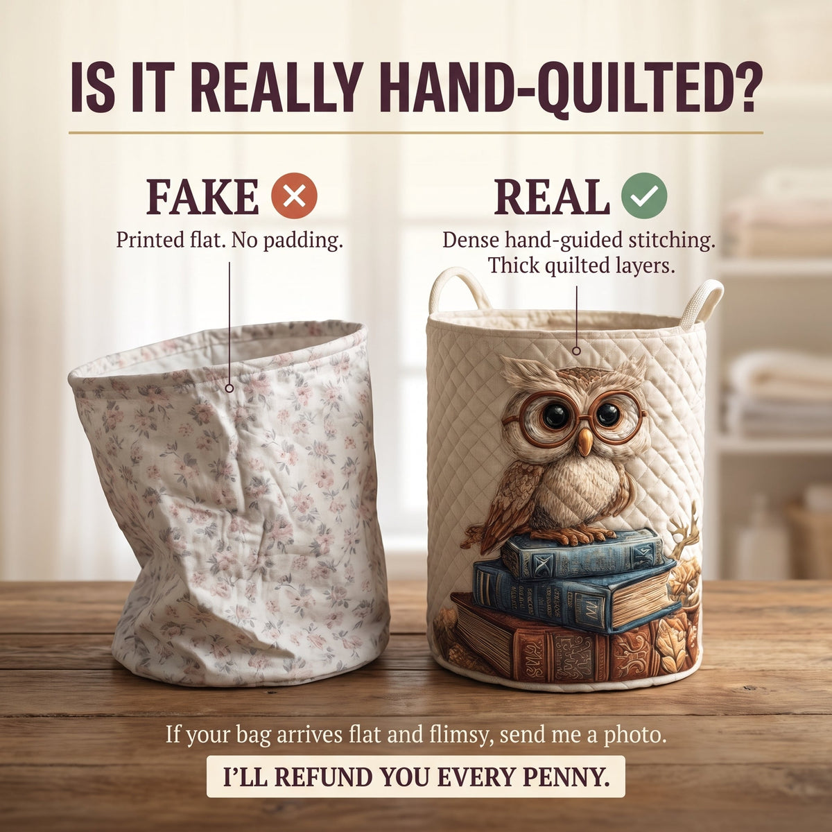 Quilted Laundry Basket - Owl — hand-quilted authenticity check
