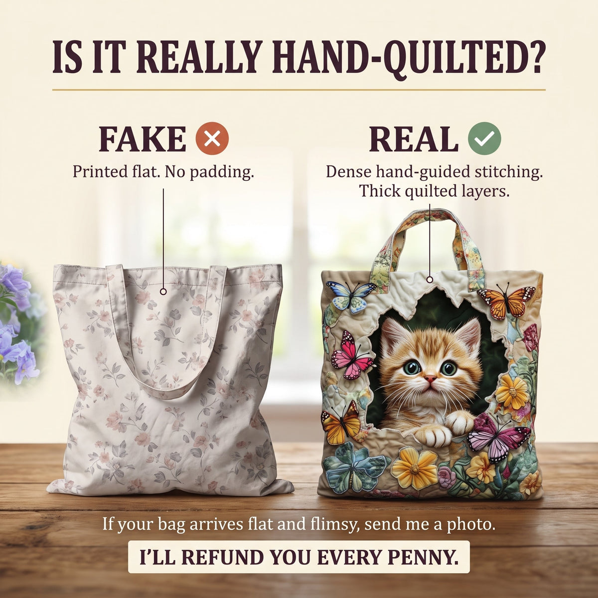Butterfly Cat Quilted Tote Bag — hand-quilted authenticity check