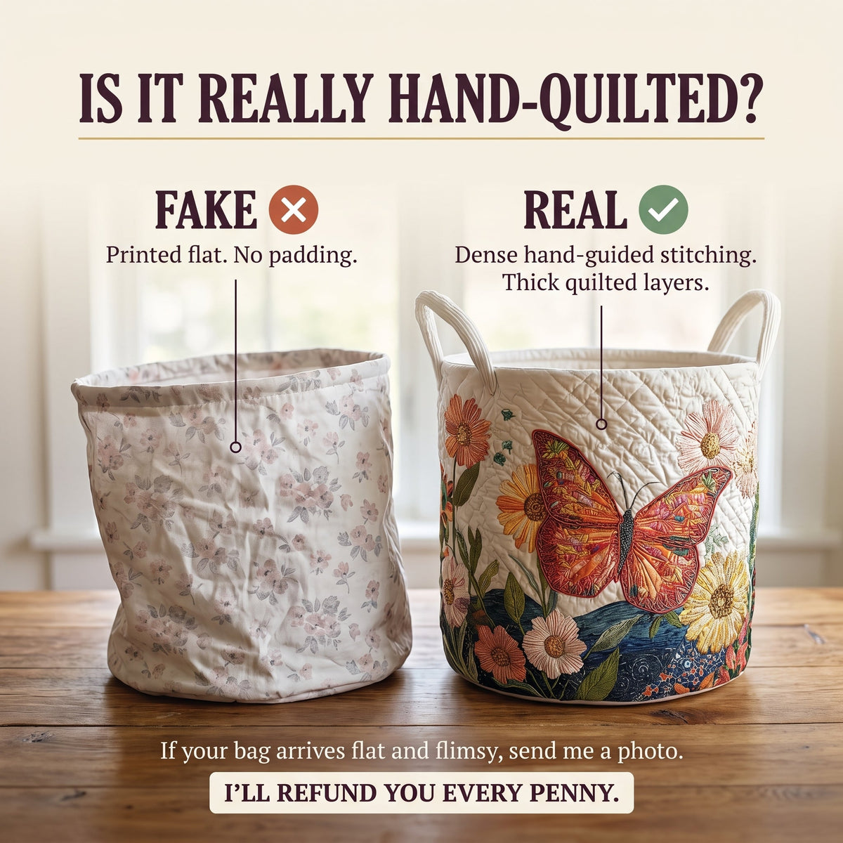 Quilted Laundry Basket - Colorful Beauty — hand-quilted authenticity check