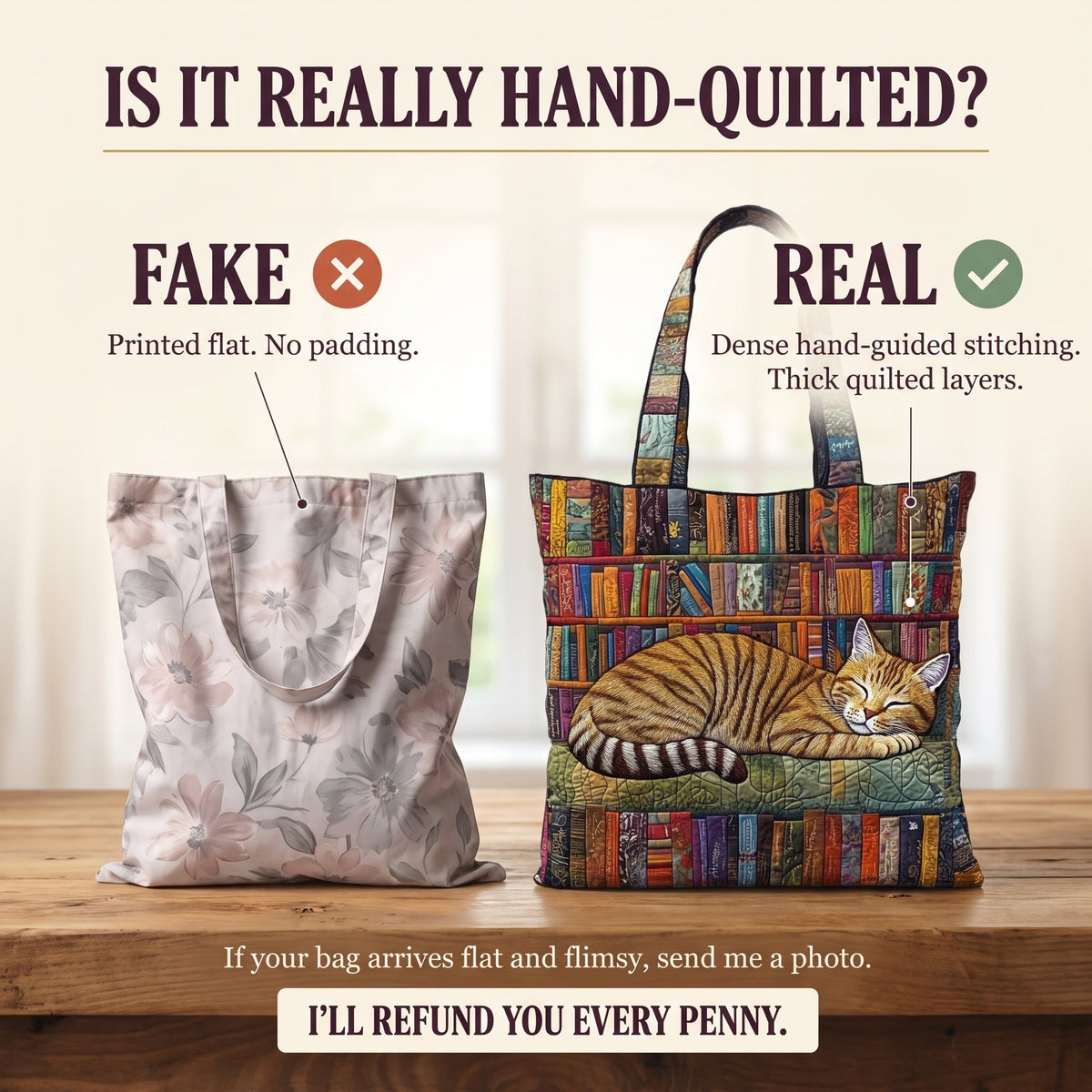 Bookish Cat Nap Quilted Tote Bag — hand-quilted authenticity check