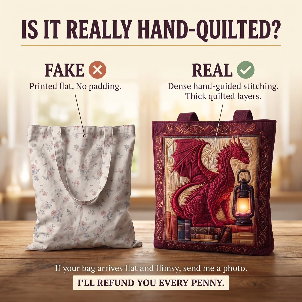 Book Guardian Quilted Tote Bag — hand-quilted authenticity check