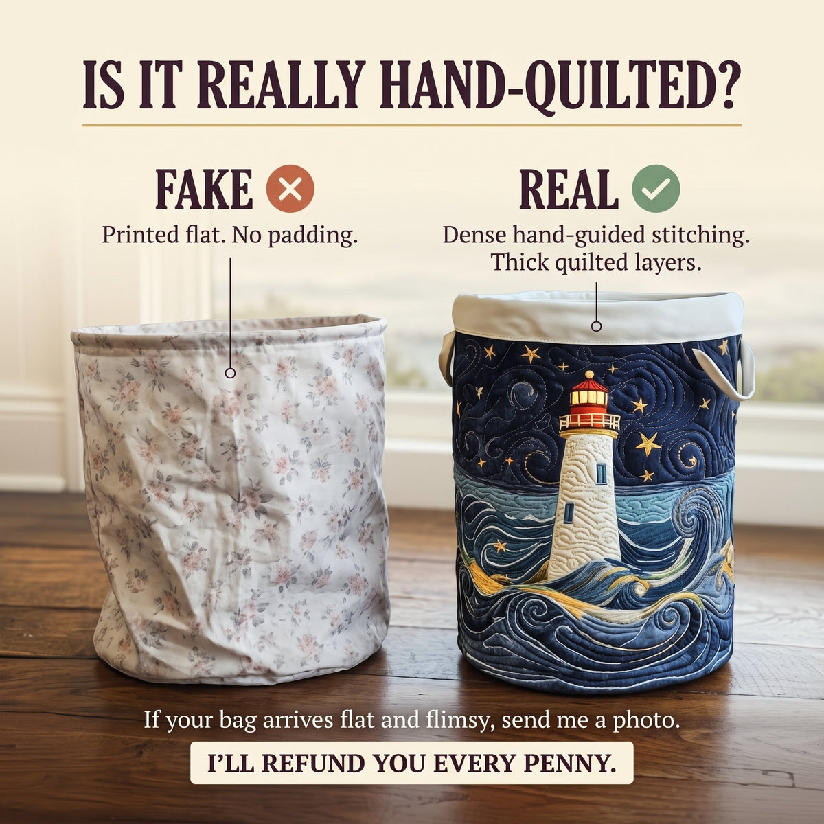 Quilted Laundry Basket - Lighthouse at Dusk — hand-quilted authenticity check