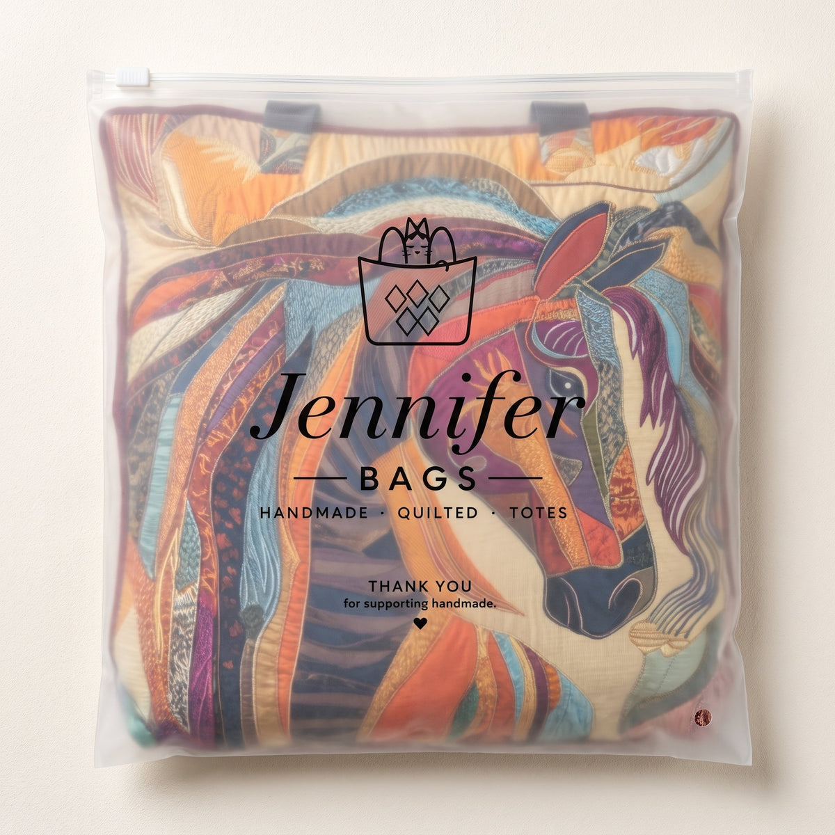 Artisanal Bag - Multicolored Mosaic Horse — packaged in its pouch