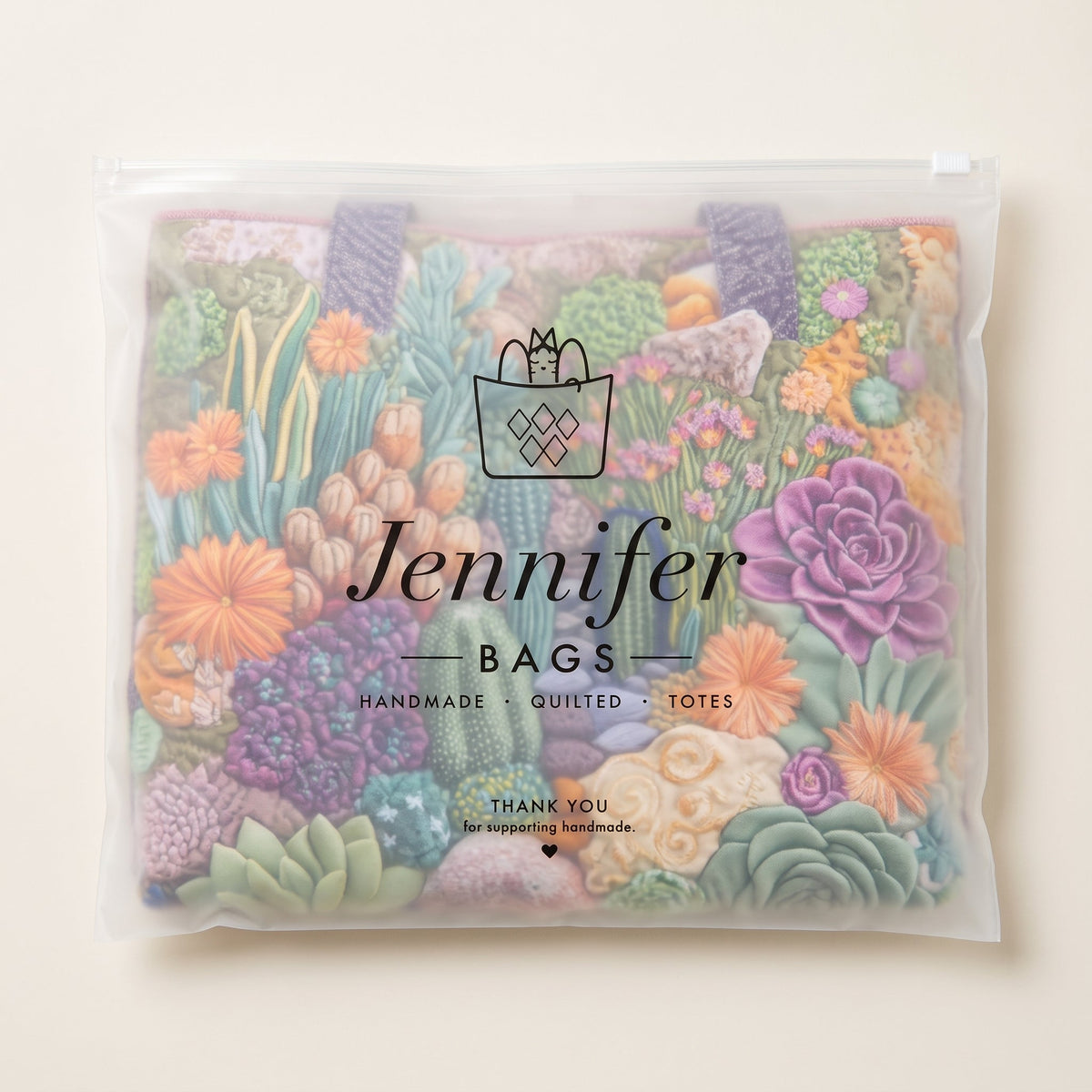 Artisanal Tote Bag - Succulent Garden — packaged in its pouch