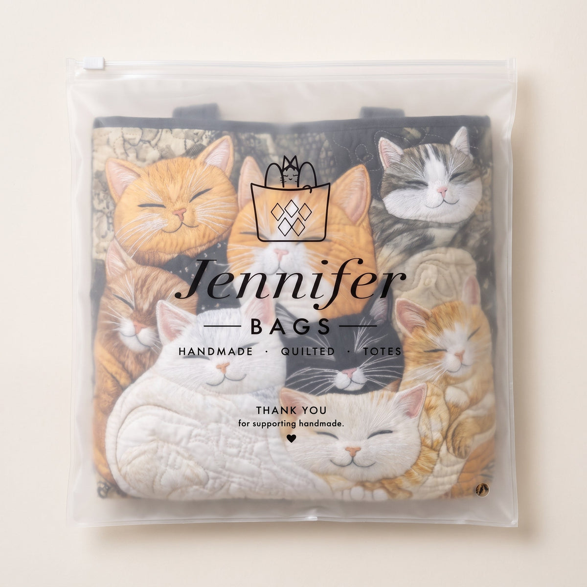 Artisanal Quilted Bag - Sleeping Kittens — packaged in its pouch