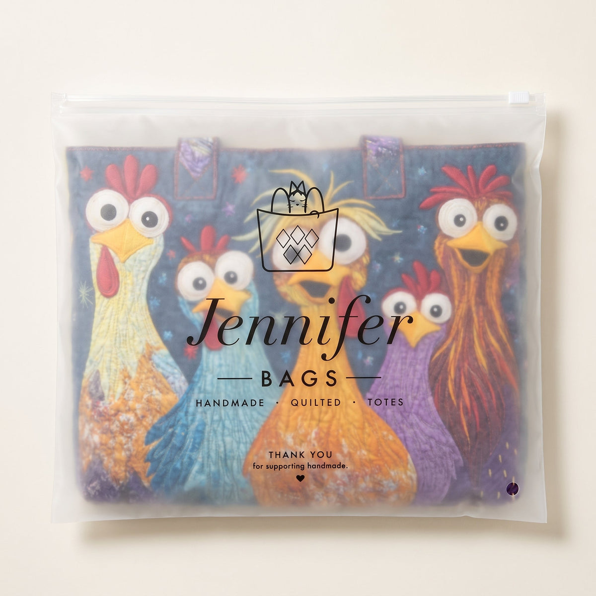 Artisan Bag - Five Colorful Chickens — packaged in its pouch