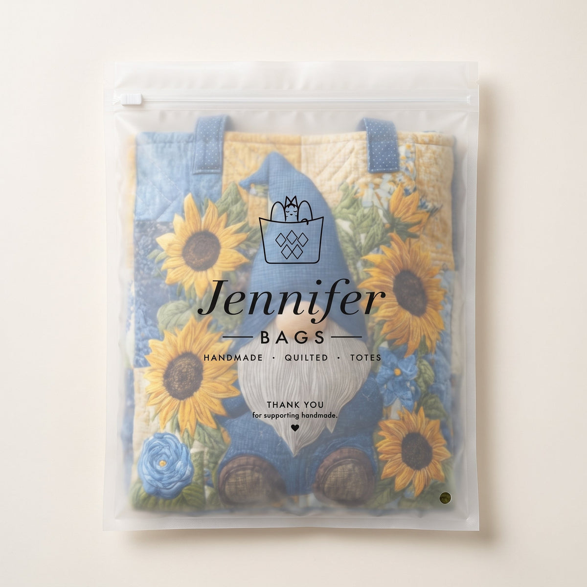 Sunflower Gnome Quilted Tote Bag — packaged in its pouch