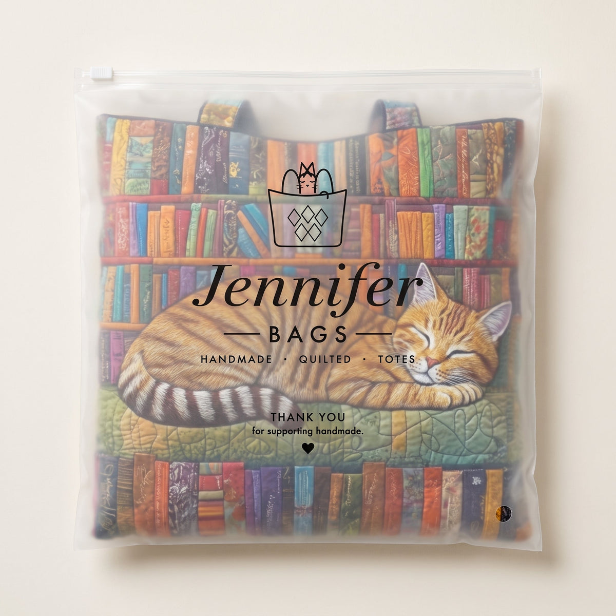 Bookish Cat Nap Quilted Tote Bag — packaged in its pouch