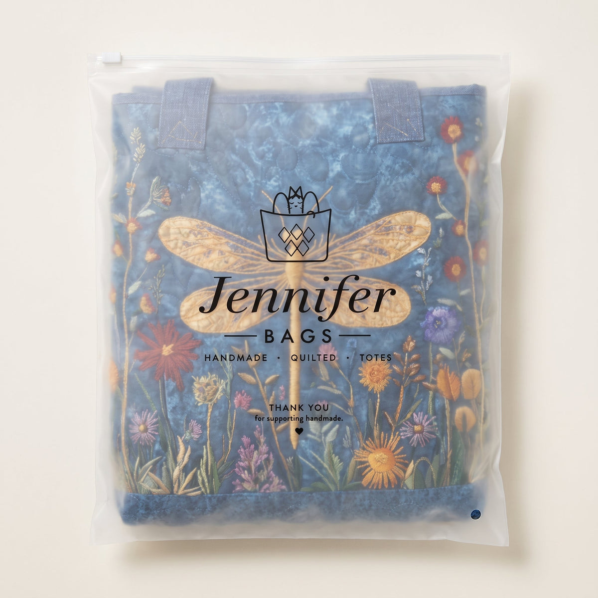 Quilted Bag - Golden Dragonfly — packaged in its pouch
