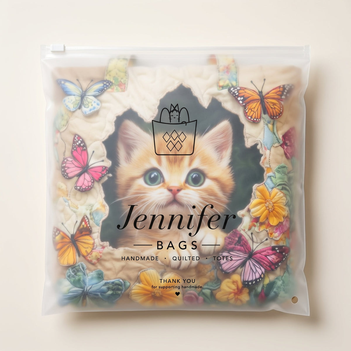Butterfly Cat Quilted Tote Bag — packaged in its pouch