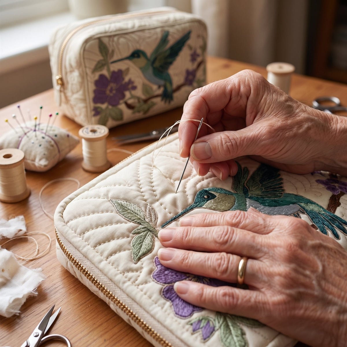 Hummingbird Bloom Quilted Makeup Bag — quilting close-up