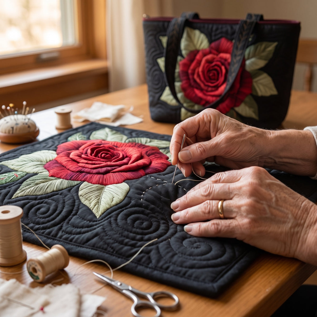 Elegant Rose Quilted Tote Bag — hand-quilting close-up