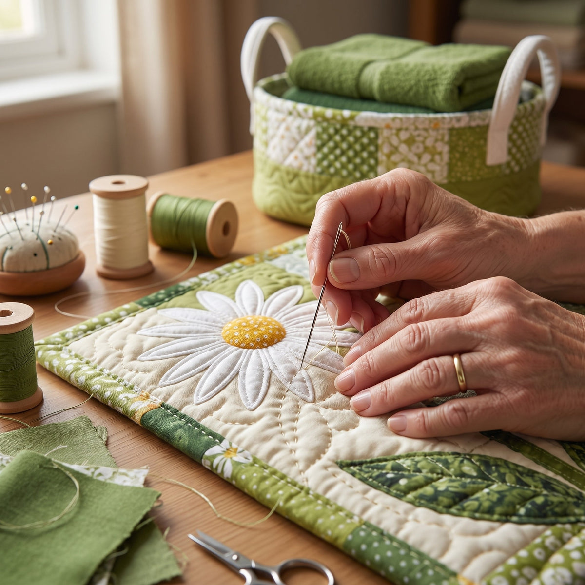 Quilted Laundry Basket - Sunny Stems — quilting close-up