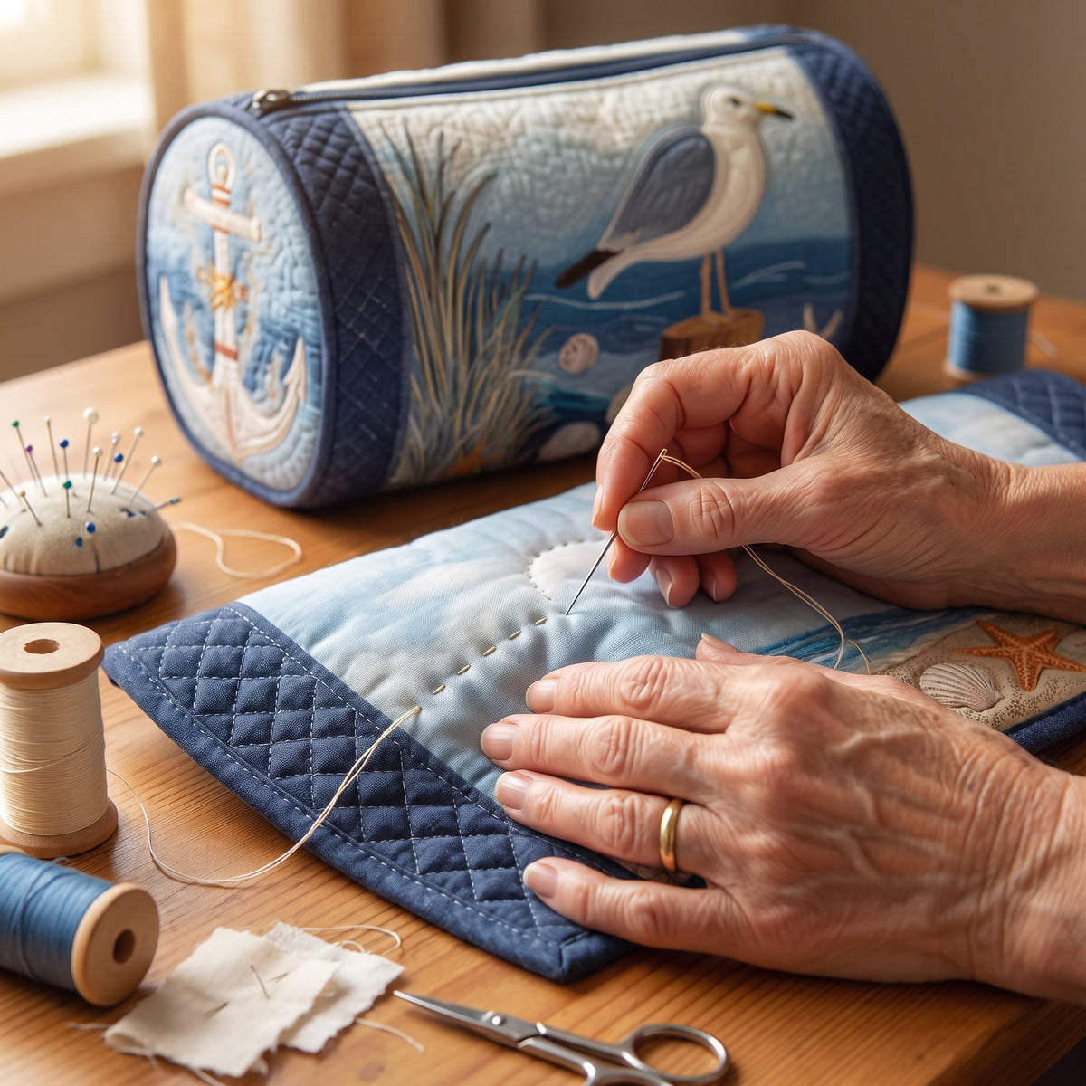 Coastal Gull Quilted Duffle Bag — quilting close-up