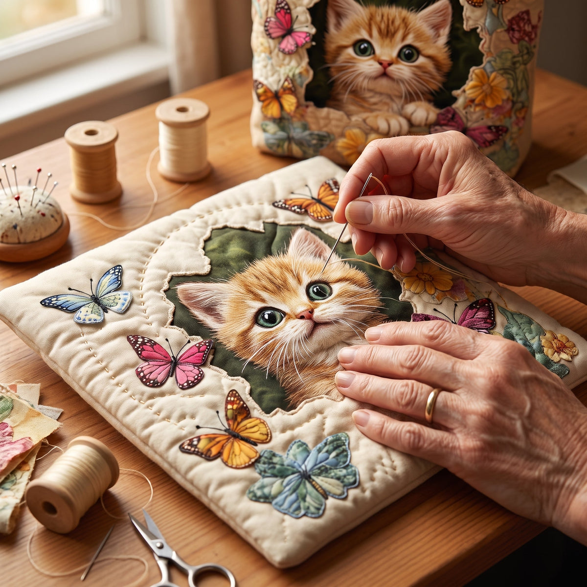 Butterfly Cat Quilted Tote Bag — hand-quilting close-up