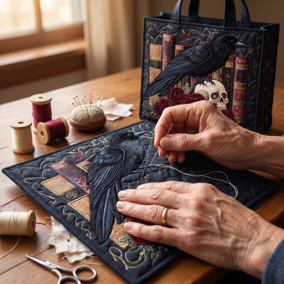 Mystic Raven Book Quilted Tote Bag — hand-quilting close-up