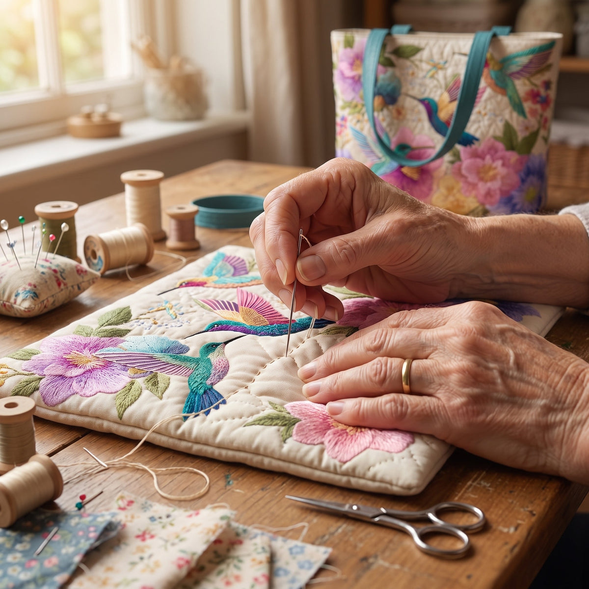 Hummingbird Garden Bloom Quilted Tote Bag — hand-quilting close-up