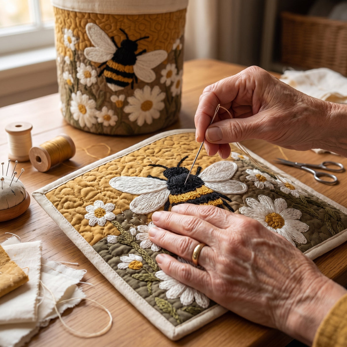 Quilted Laundry Basket - Daisy & Bee — hand-quilting close-up