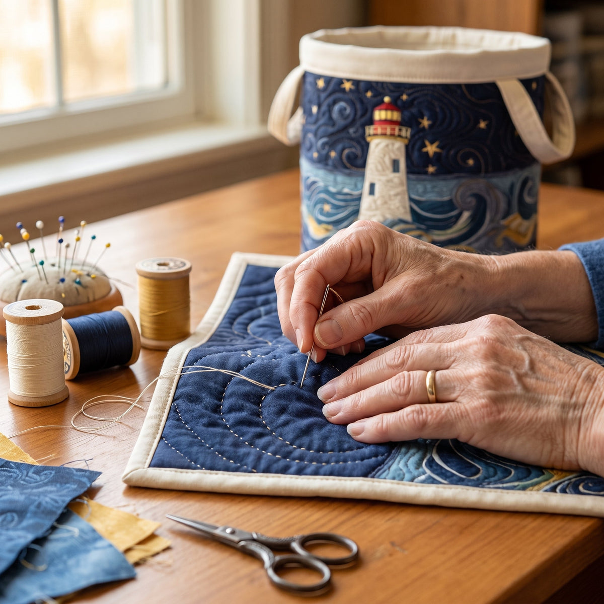 Quilted Laundry Basket - Lighthouse at Dusk — hand-quilting close-up