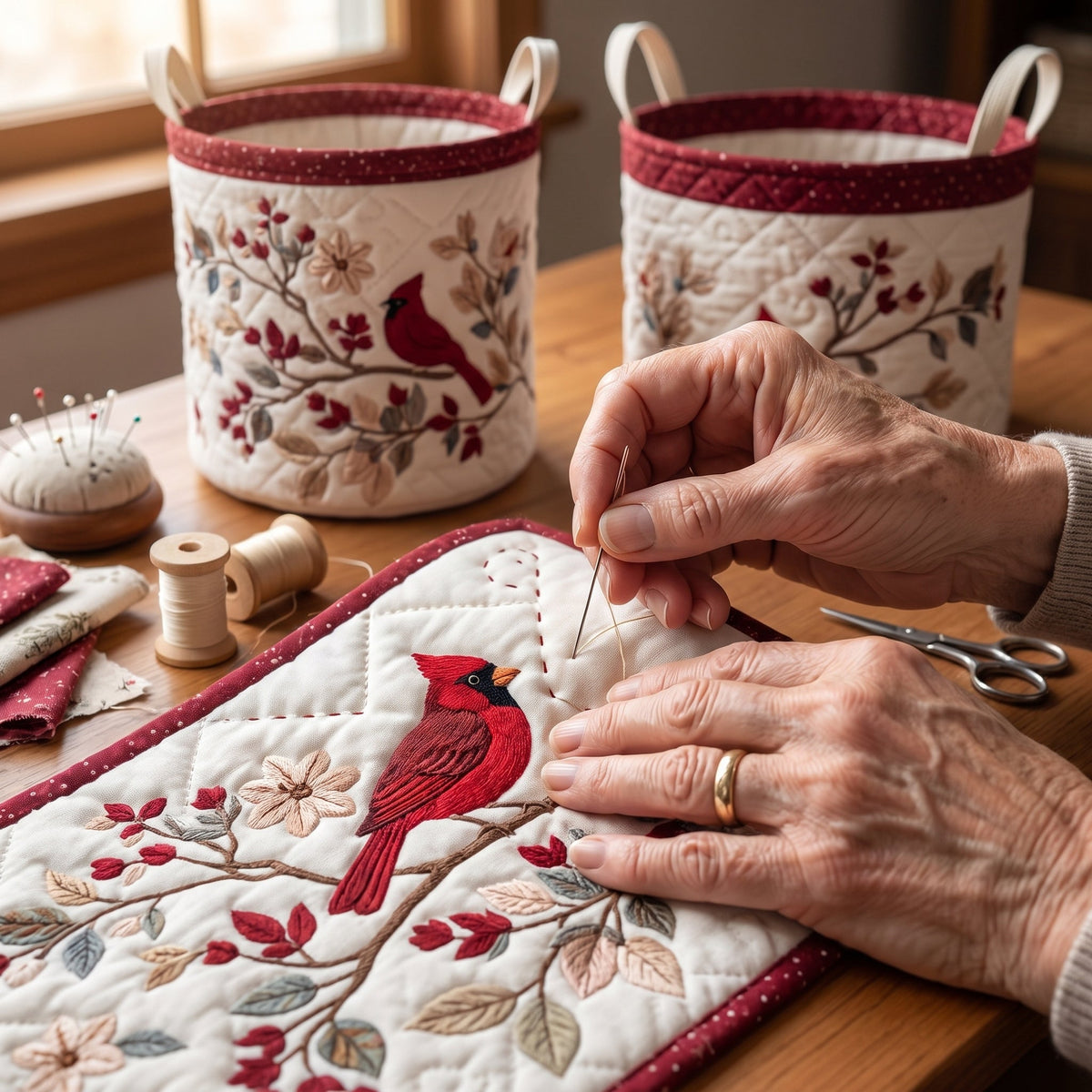 Quilted Laundry Basket - Carmine Leaves — hand-quilting close-up