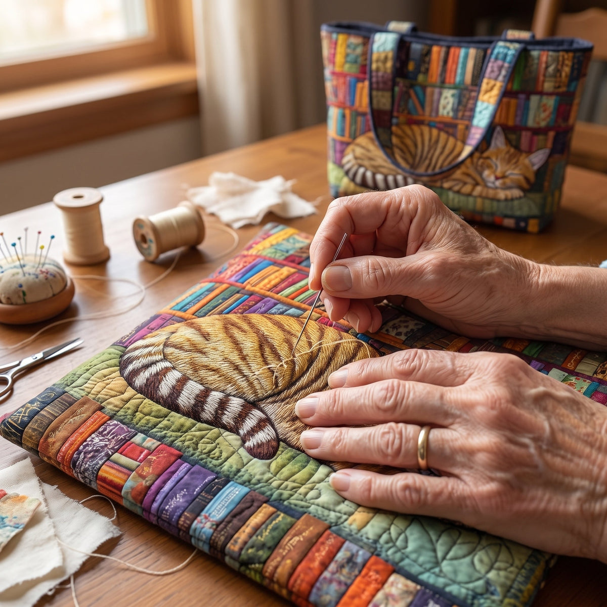 Bookish Cat Nap Quilted Tote Bag — hand-quilting close-up