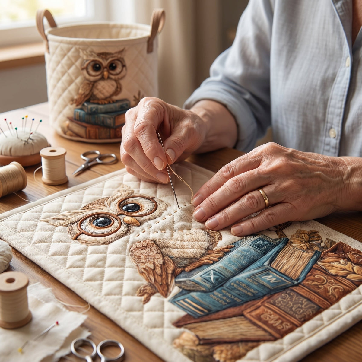 Quilted Laundry Basket - Owl — hand-quilting close-up