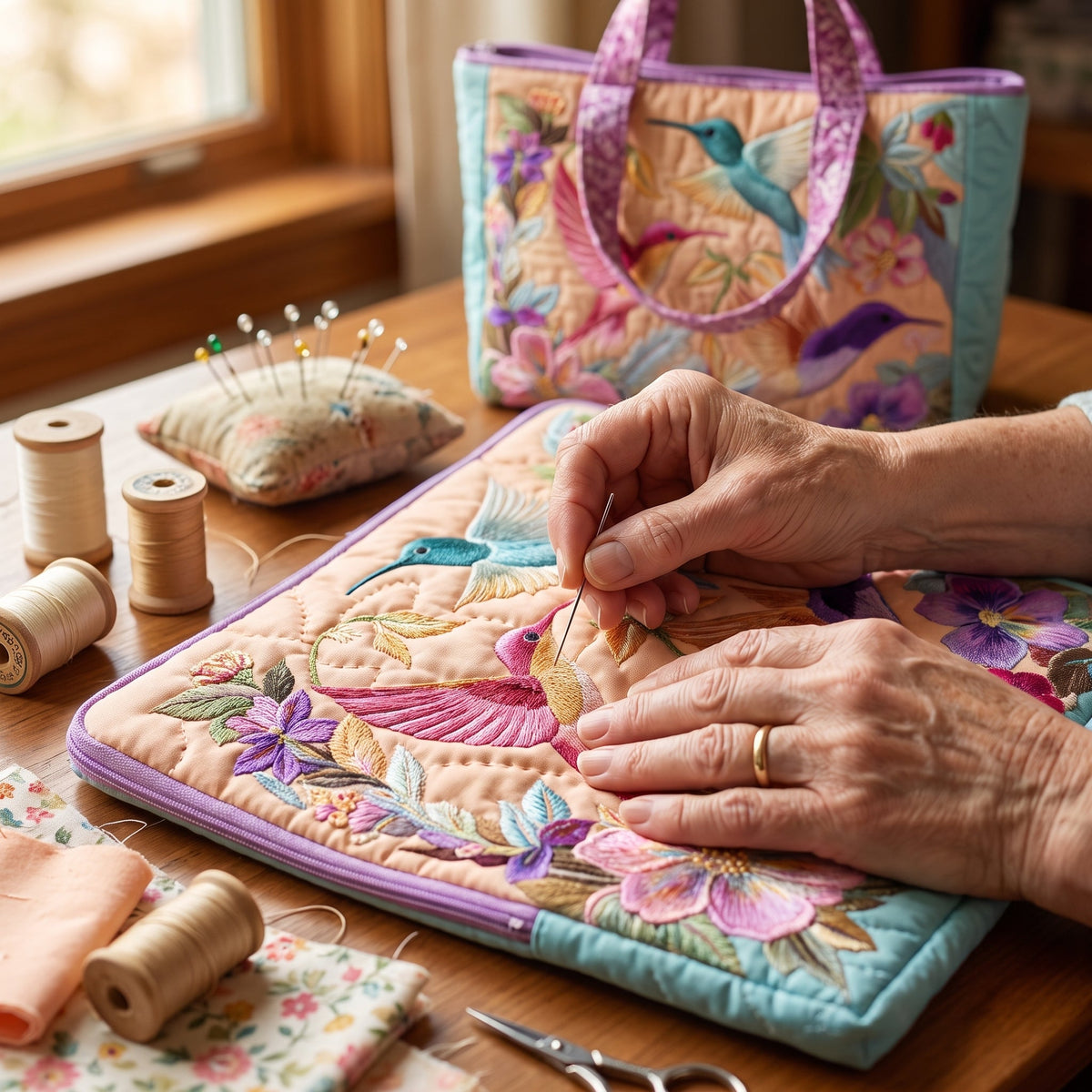Hummingbird Flower Quilted Tote Bag — hand-quilting close-up