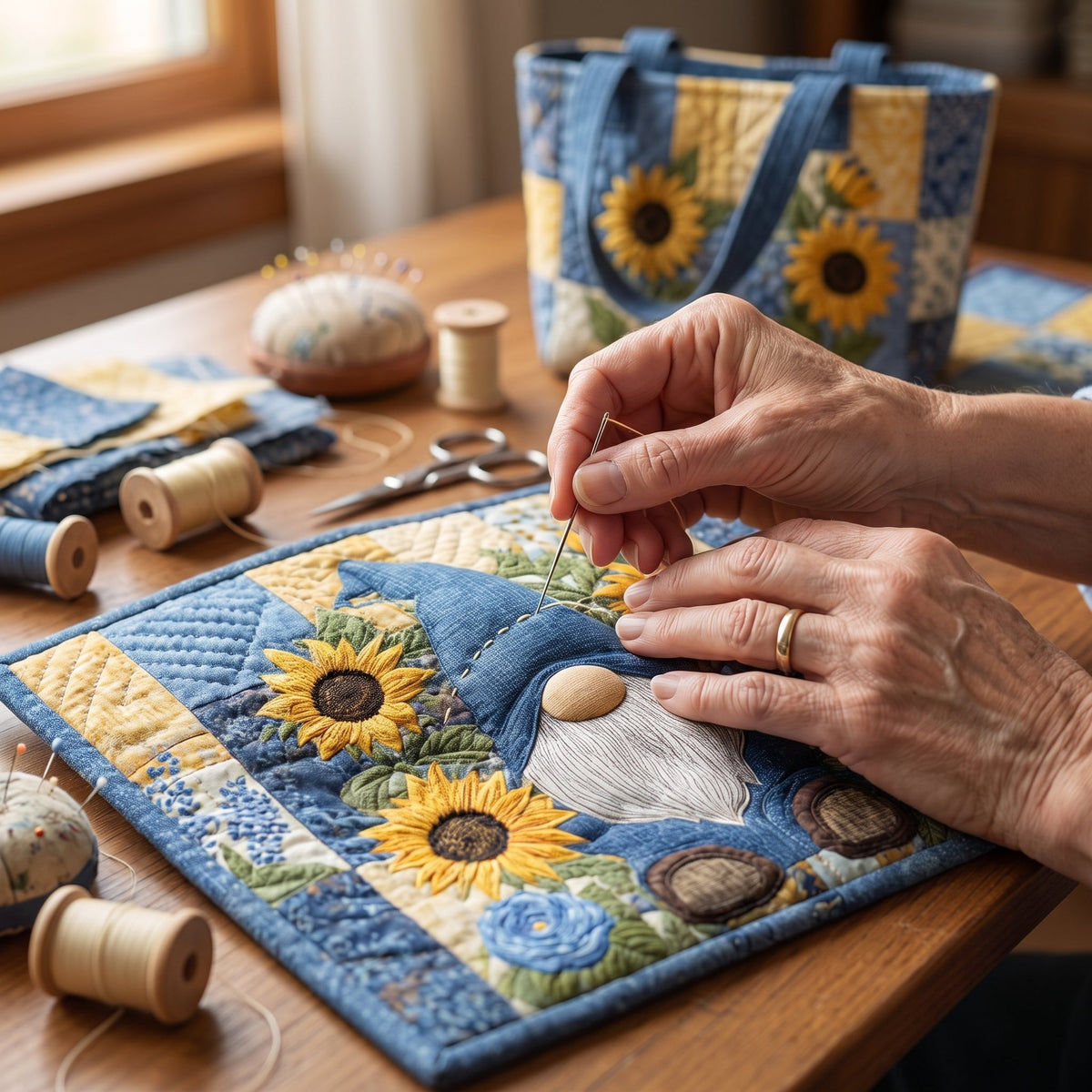 Sunflower Gnome Quilted Tote Bag — hand-quilting close-up