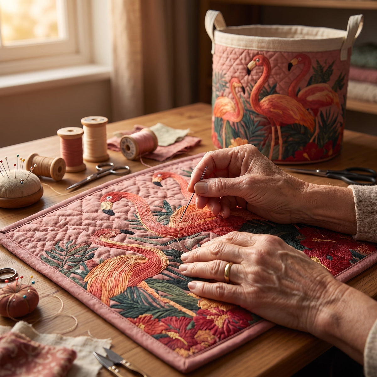 Quilted Laundry Basket - Flamingos in the Sun — hand-quilting close-up