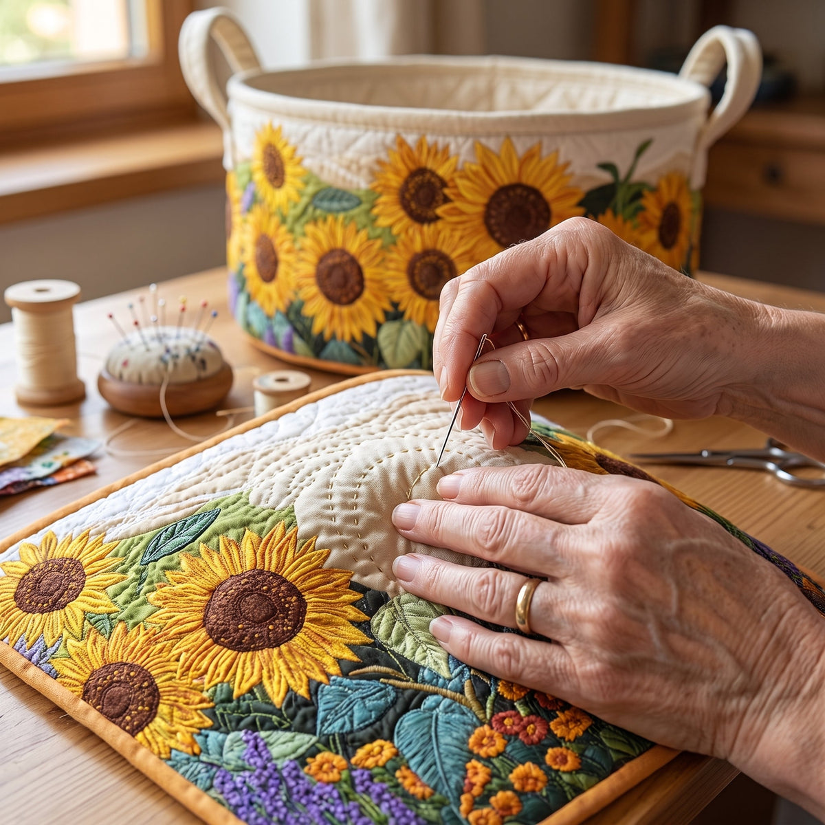Quilted Laundry Basket - Sunflowers — quilting close-up
