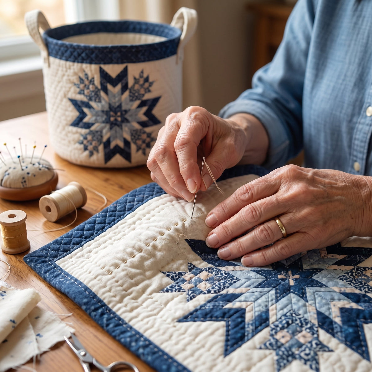 Quilted Laundry Basket - Snowflake — quilting close-up
