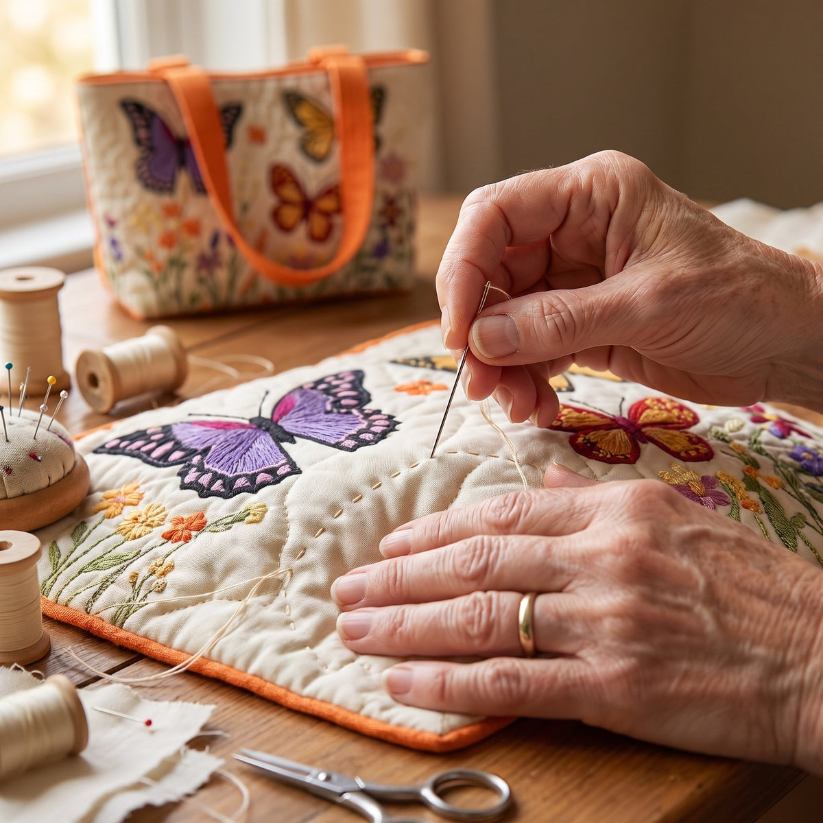 Butterfly Flower Garden Quilted Tote Bag — hand-quilting close-up