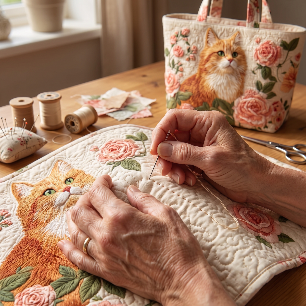 Artisan Bag - Orange Cat with Roses — quilting close-up