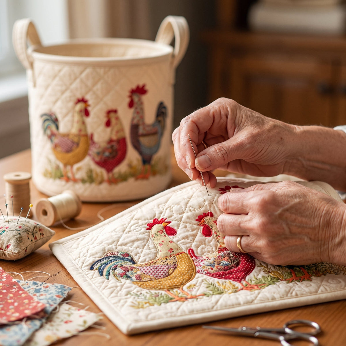 Quilted Laundry Basket - Cheerful Chicken Coop — hand-quilting close-up